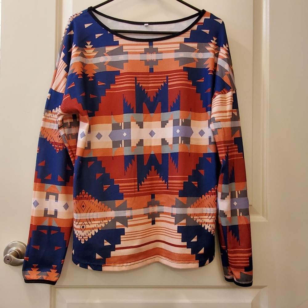 Southwestern Print Long Sleeve Round Neck Tee